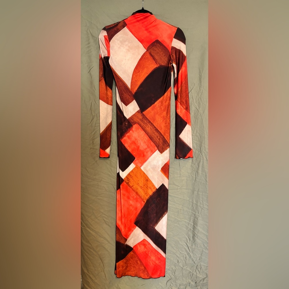 Zara Long Sleeve Dress with Bold Geometric Design - Red, Orange, Black